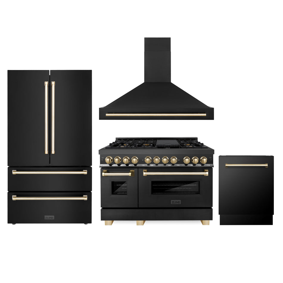 ZLINE 48 in. Autograph Edition Kitchen Package with Black Stainless Steel Dual Fuel Range, Range Hood, Dishwasher and Refrigeration with Gold Accents (4AKPR-RABRHDWV48-G)