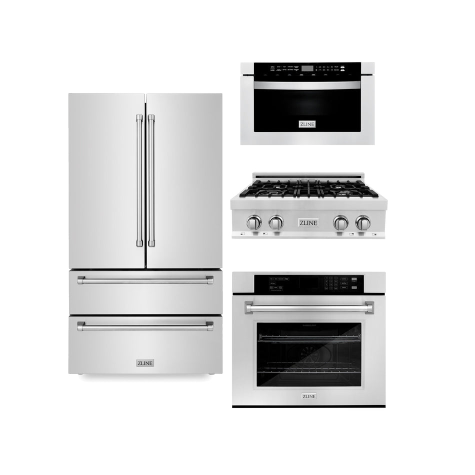 ZLINE Kitchen Package with Refrigeration, 30 in. Stainless Steel Rangetop, 30 in. Single Wall Oven, 30 in. Microwave Oven (4KPR-RT30-MWAWS)