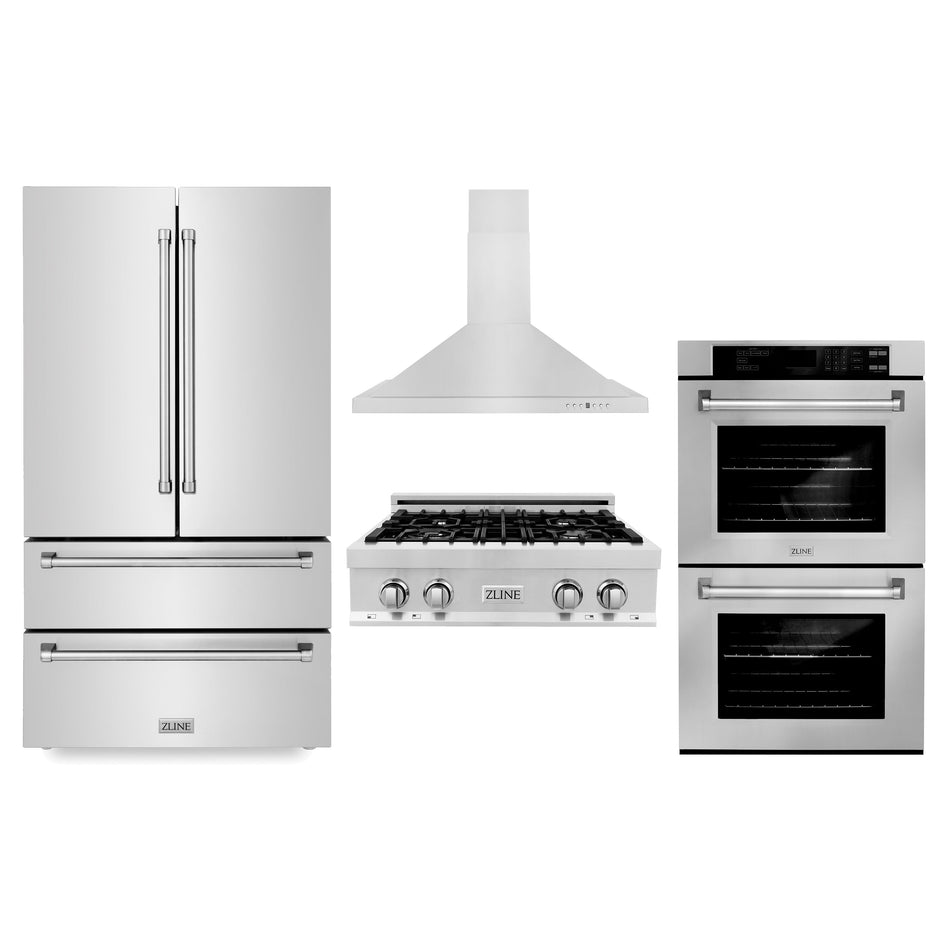 ZLINE Kitchen Package with Refrigeration, 30 in. Stainless Steel Rangetop, 30 in. Range Hood and 30 in. Double Wall Oven (4KPR-RTRH30-AWD)