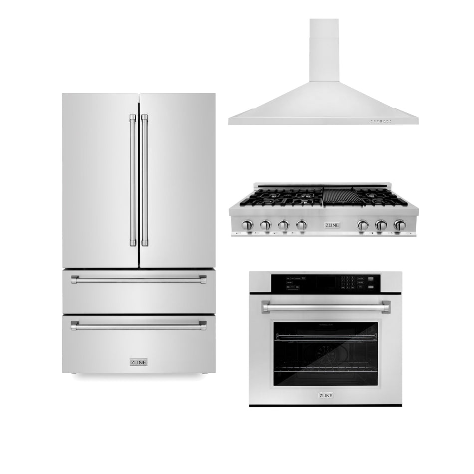 ZLINE Kitchen Package with Refrigeration, 48 in. Stainless Steel Rangetop, 48 in. Range Hood and 30 in. Single Wall Oven (4KPR-RTRH48-AWS)