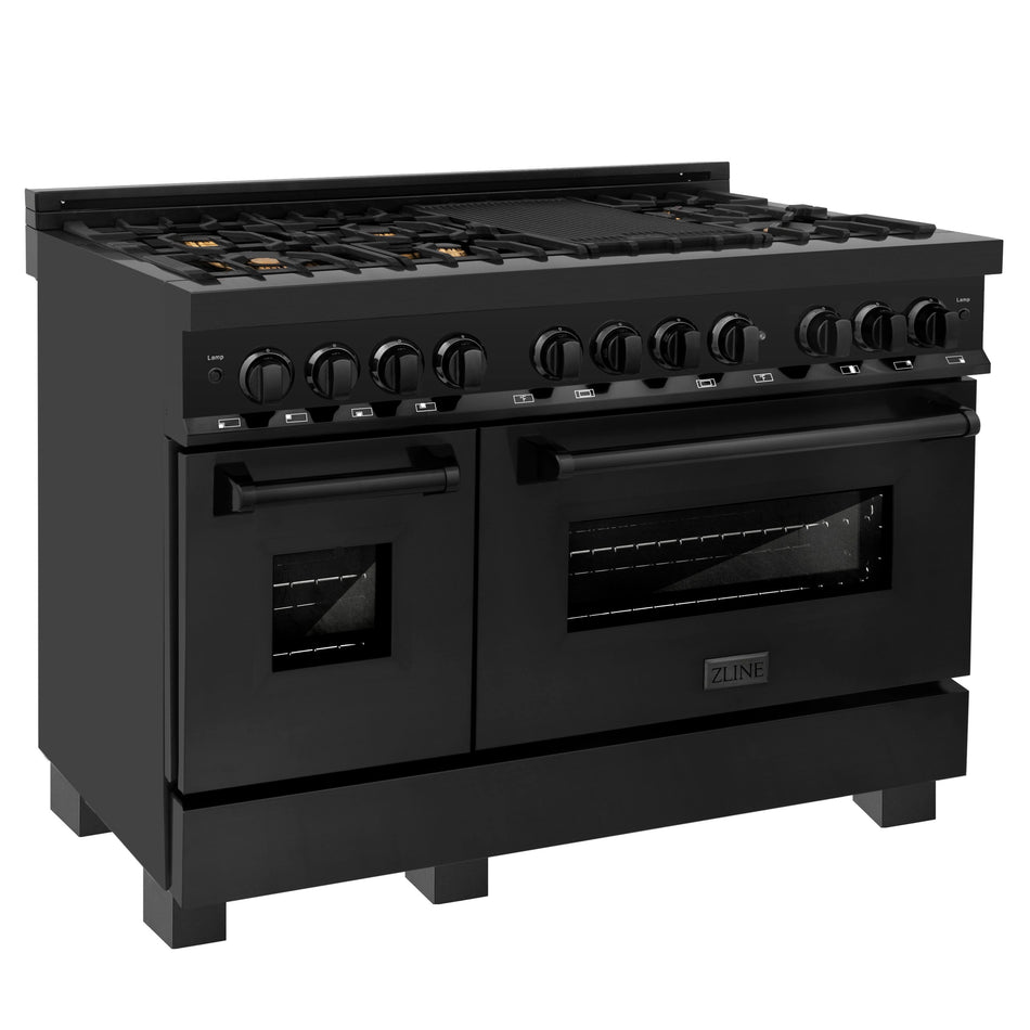 ZLINE 48 in. 6.0 cu. ft. Dual Fuel Range with Gas Stove and Electric Oven in Black Stainless Steel with Brass Burners (RAB-BR-48)