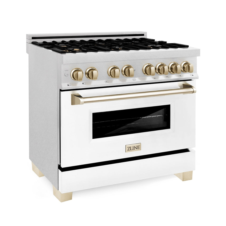 ZLINE Autograph Edition 36 in. 4.6 cu. ft. Dual Fuel Range with Gas Stove and Electric Oven in DuraSnow Stainless Steel with White Matte Door and Accents (RASZ-WM-36)